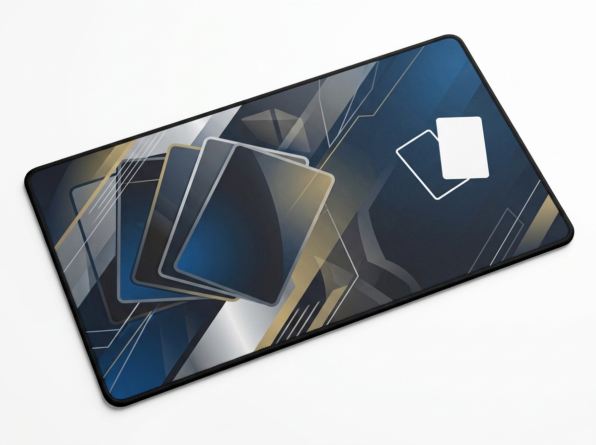 Custom playmat with blue and gold geometric design