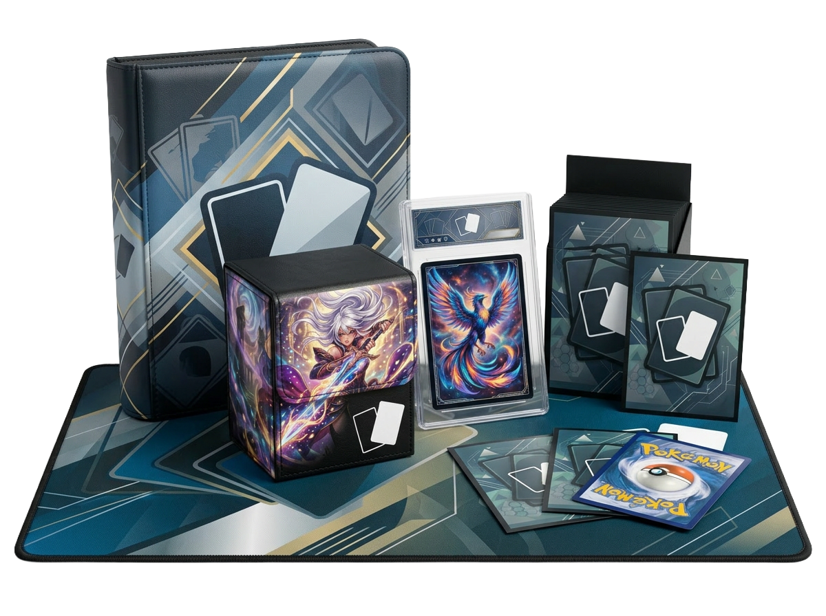 Custom TCG gear collection - playmat, sleeves, deck box, slab and binder