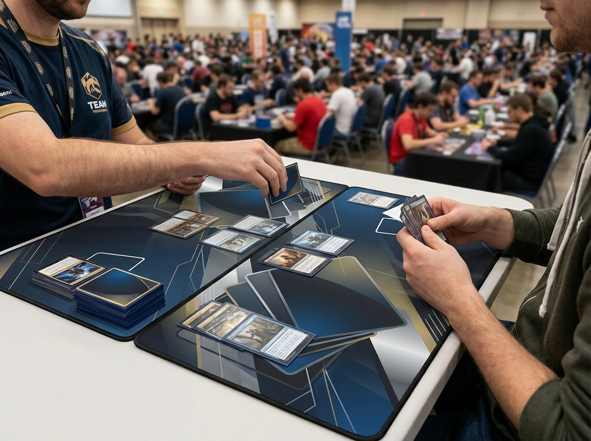 Players at a card game tournament using custom playmats