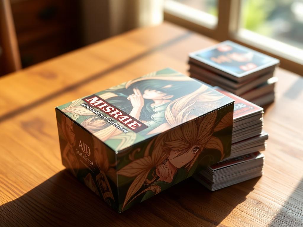 Custom printed deck box with personal artwork beside a stack of cards